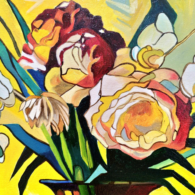 Vibrant Still Life Original Oil Painting, Modern Moody Floral Fruits Skull Cubist Contemporary Paintings, Modern Home Farmhouse Decor