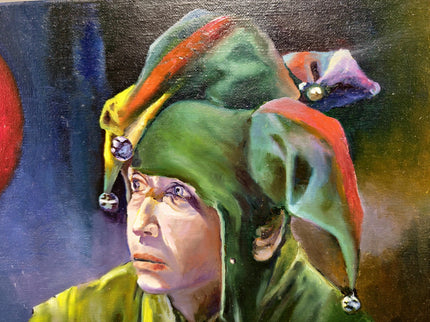 French Surreal Jester Oil Painting, Moody Whimsical Figurative Art
