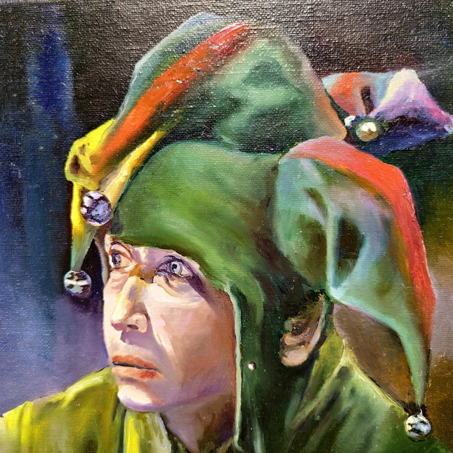 French Surreal Jester Oil Painting, Moody Whimsical Figurative Art