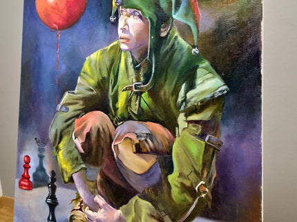 French Surreal Jester Oil Painting, Moody Whimsical Figurative Art