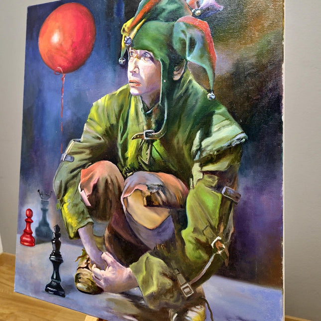 French Surreal Jester Oil Painting, Moody Whimsical Figurative Art