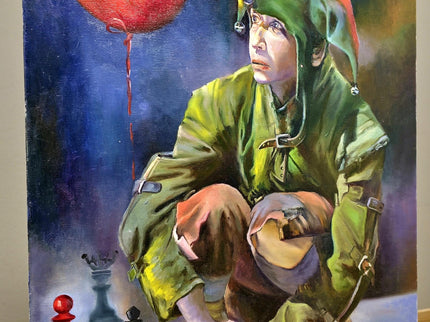 French Surreal Jester Oil Painting, Moody Whimsical Figurative Art