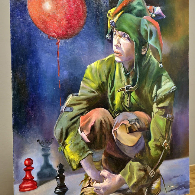 French Surreal Jester Oil Painting, Moody Whimsical Figurative Art