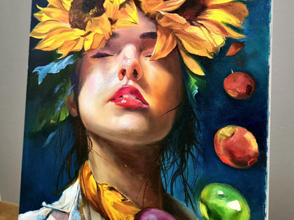 Surreal Woman with Sunflowers Oil Painting, French Portrait Art