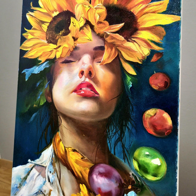 Surreal Woman with Sunflowers Oil Painting, French Portrait Art