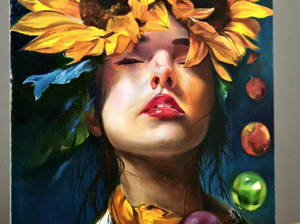 Surreal Woman with Sunflowers Oil Painting, French Portrait Art