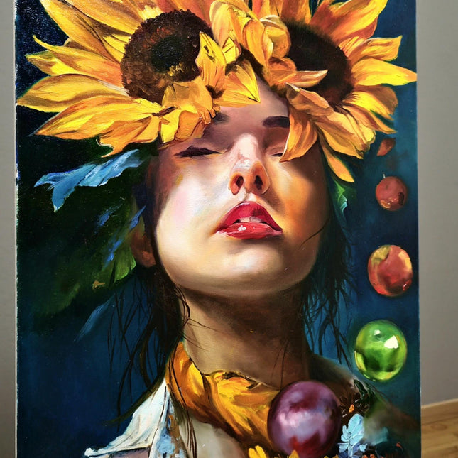 Surreal Woman with Sunflowers Oil Painting, French Portrait Art