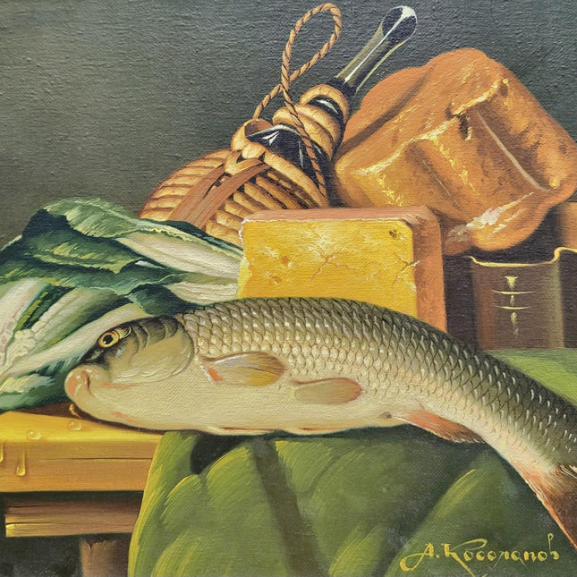 Vintage European Still Life Oil Painting Canvas, Soft Muted Fish Cheese Food Ornate Frame Original Painting, French Farmhouse Kitchen Decor