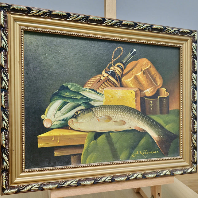 Vintage European Still Life Oil Painting Canvas, Soft Muted Fish Cheese Food Ornate Frame Original Painting, French Farmhouse Kitchen Decor