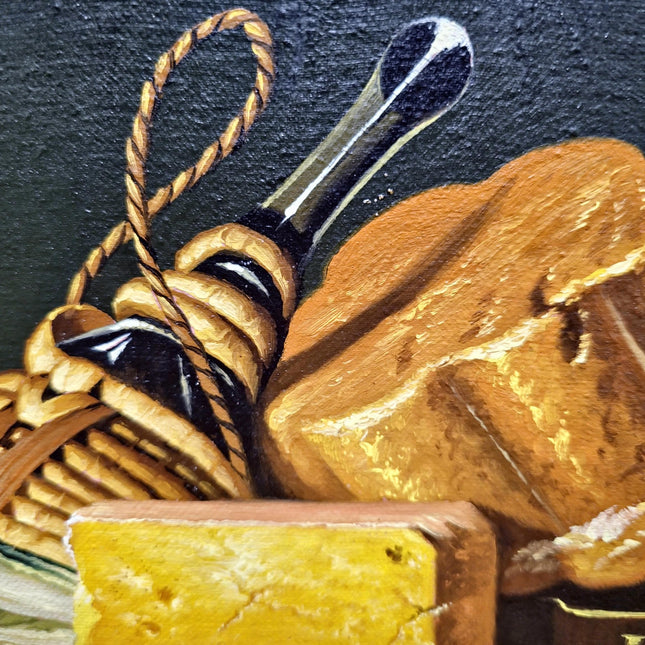 Vintage European Still Life Oil Painting Canvas, Soft Muted Fish Cheese Food Ornate Frame Original Painting, French Farmhouse Kitchen Decor