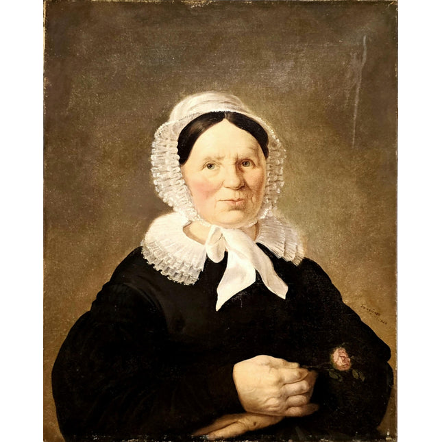 Antique Woman Portrait Oil Painting, 19th Century Vintage Classical Swiss Bonnet Lady, Signed Original Painting, Historical French Decor