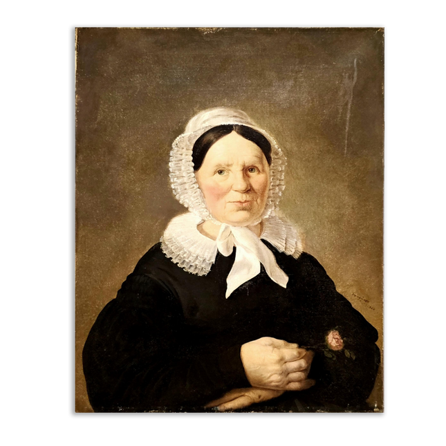 Antique Woman Portrait Oil Painting, 19th Century Vintage Classical Swiss Bonnet Lady, Signed Original Painting, Historical French Decor