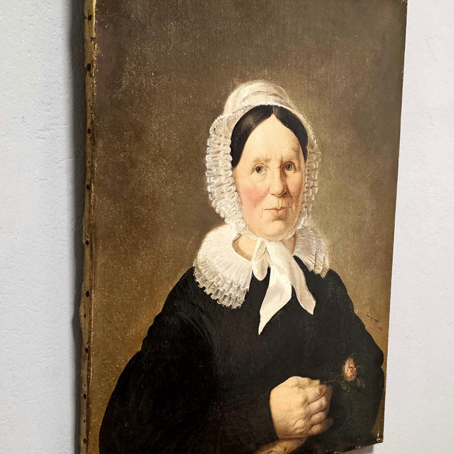 Antique Woman Portrait Oil Painting, 19th Century Vintage Classical Swiss Bonnet Lady, Signed Original Painting, Historical French Decor