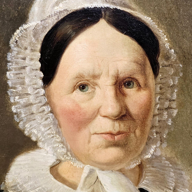 Antique Woman Portrait Oil Painting, 19th Century Vintage Classical Swiss Bonnet Lady, Signed Original Painting, Historical French Decor