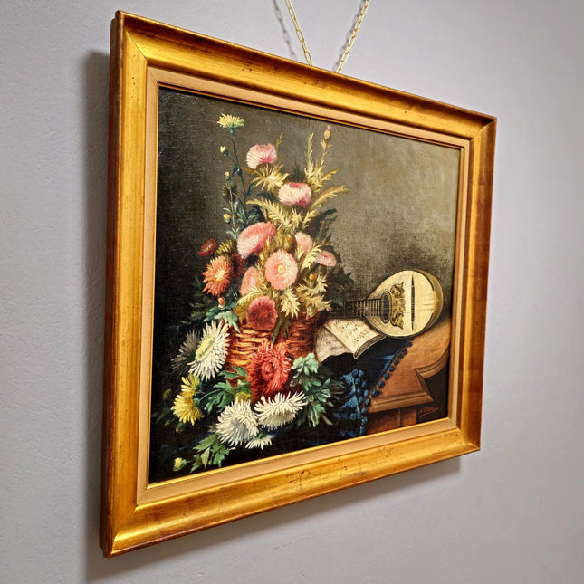 Antique French Floral Still Life Oil Painting, Dark Muted Flowers Mandolin Signed Original Painting, Vintage French Farmhouse Cabin Decor
