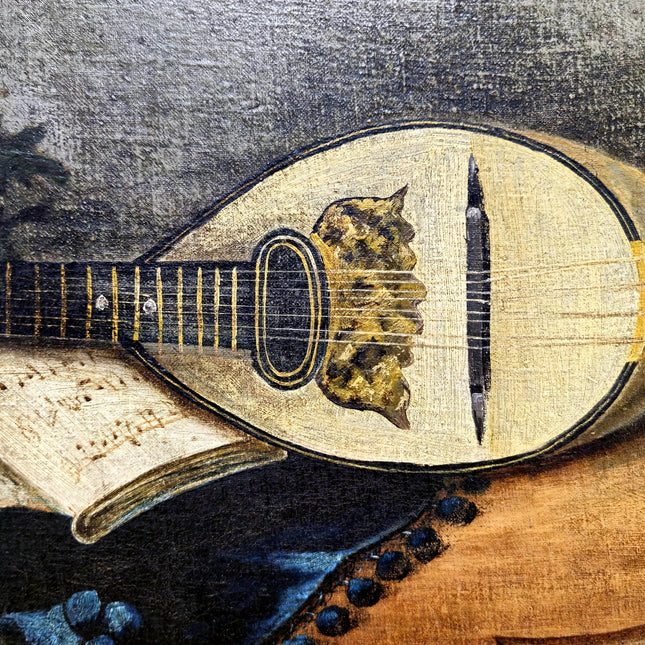 Antique French Floral Still Life Oil Painting, Dark Muted Flowers Mandolin Signed Original Painting, Vintage French Farmhouse Cabin Decor
