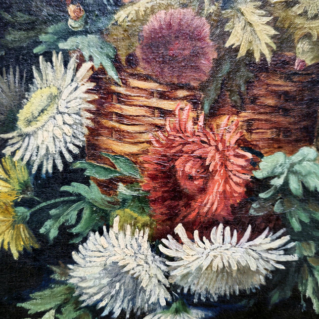 Antique French Floral Still Life Oil Painting, Dark Muted Flowers Mandolin Signed Original Painting, Vintage French Farmhouse Cabin Decor