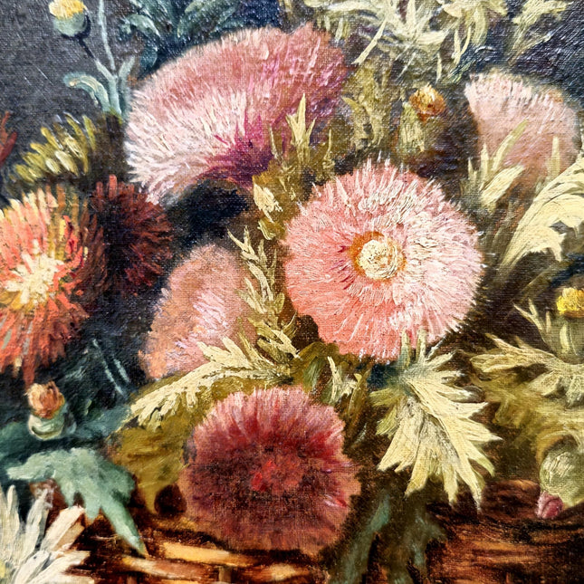 Antique French Floral Still Life Oil Painting, Dark Muted Flowers Mandolin Signed Original Painting, Vintage French Farmhouse Cabin Decor