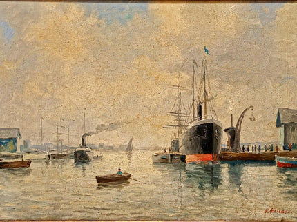 Antique French Harbor Oil Painting, Signed Nautical Seascape, Gilded Frame, Marine Coastal Art, European Wall Decor