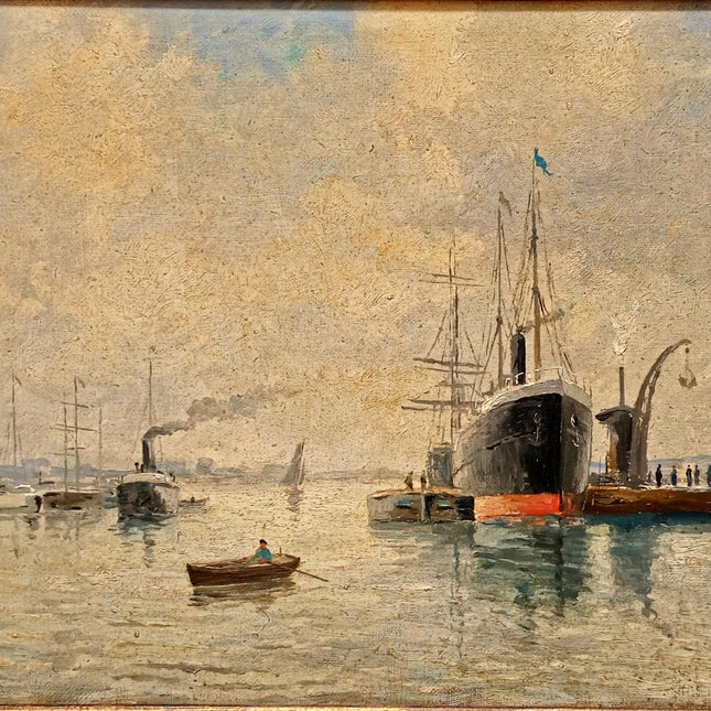 Antique French Harbor Oil Painting, Signed Nautical Seascape, Gilded Frame, Marine Coastal Art, European Wall Decor