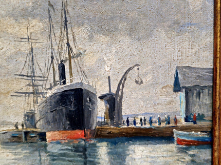 Antique French Harbor Oil Painting, Signed Nautical Seascape, Gilded Frame, Marine Coastal Art, European Wall Decor