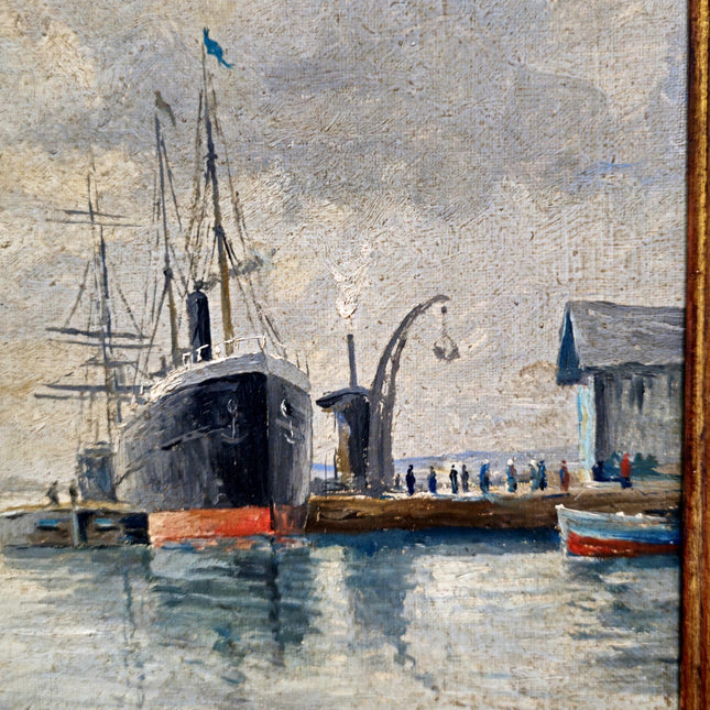 Antique French Harbor Oil Painting, Signed Nautical Seascape, Gilded Frame, Marine Coastal Art, European Wall Decor