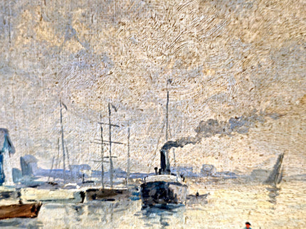 Antique French Harbor Oil Painting, Signed Nautical Seascape, Gilded Frame, Marine Coastal Art, European Wall Decor