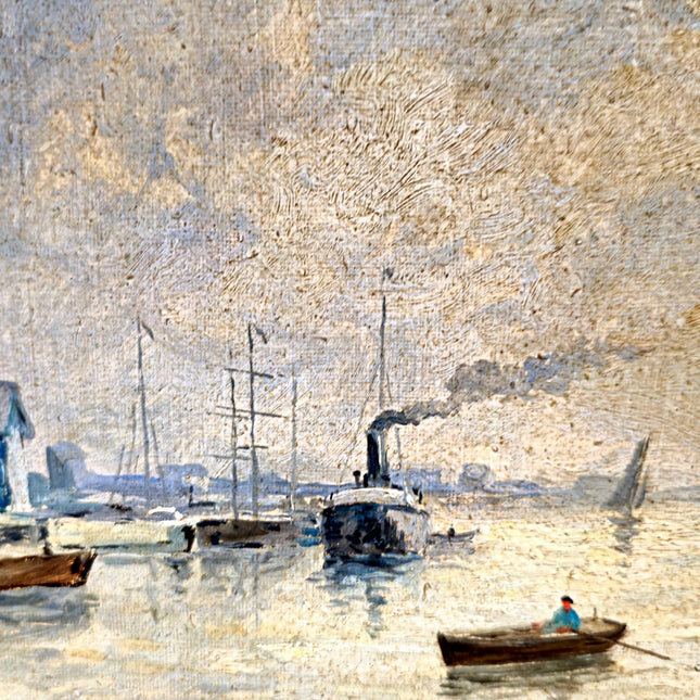 Antique French Harbor Oil Painting, Signed Nautical Seascape, Gilded Frame, Marine Coastal Art, European Wall Decor