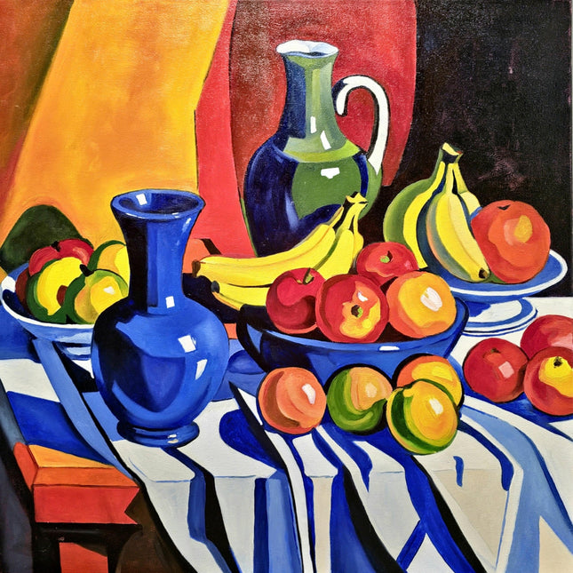 Contemporary Still Life Oil Painting, Modern Bold Colorful Fruits Floral Vase Original Expressive Painting, Farmhouse Kitchen Tabletop Decor