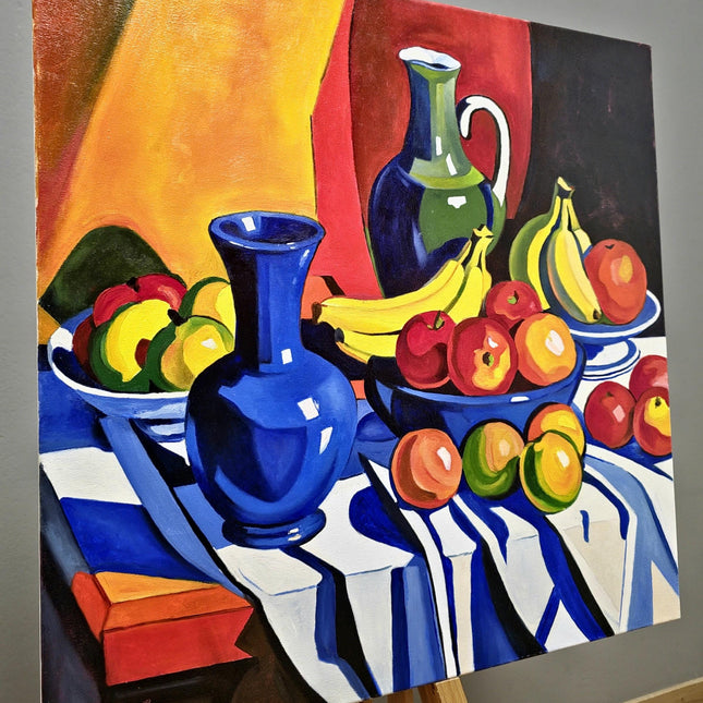Contemporary Still Life Oil Painting, Modern Bold Colorful Fruits Floral Vase Original Expressive Painting, Farmhouse Kitchen Tabletop Decor