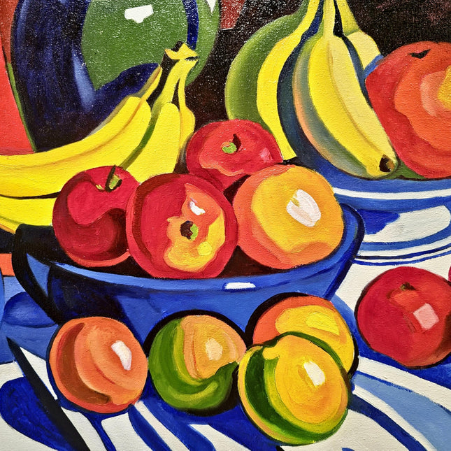 Contemporary Still Life Oil Painting, Modern Bold Colorful Fruits Floral Vase Original Expressive Painting, Farmhouse Kitchen Tabletop Decor