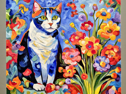 Modern Floral Cat Original Painting, Fantasy Colorful Moody Flowers Feline Cat Expressive Oil Painting, Cat Themed Gifts, Housewarming Gift