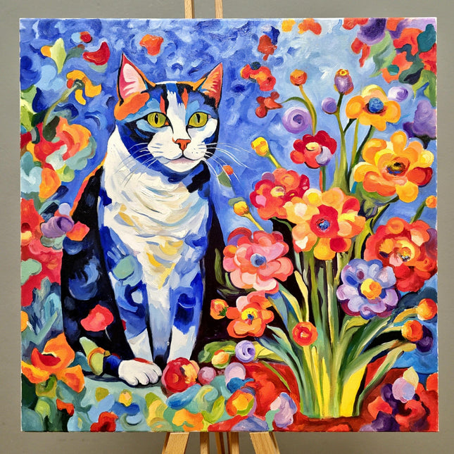 Modern Floral Cat Original Painting, Fantasy Colorful Moody Flowers Feline Cat Expressive Oil Painting, Cat Themed Gifts, Housewarming Gift
