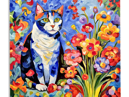 Modern Floral Cat Original Painting, Fantasy Colorful Moody Flowers Feline Cat Expressive Oil Painting, Cat Themed Gifts, Housewarming Gift