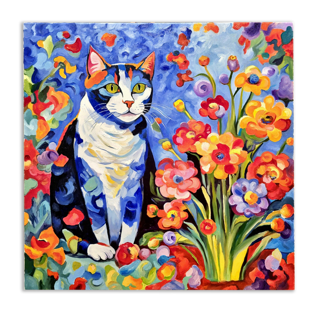Modern Floral Cat Original Painting, Fantasy Colorful Moody Flowers Feline Cat Expressive Oil Painting, Cat Themed Gifts, Housewarming Gift