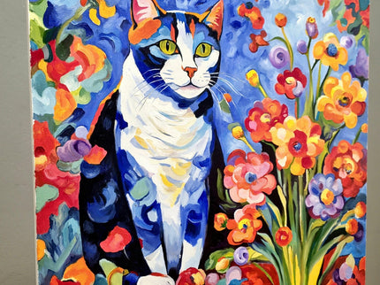 Modern Floral Cat Original Painting, Fantasy Colorful Moody Flowers Feline Cat Expressive Oil Painting, Cat Themed Gifts, Housewarming Gift