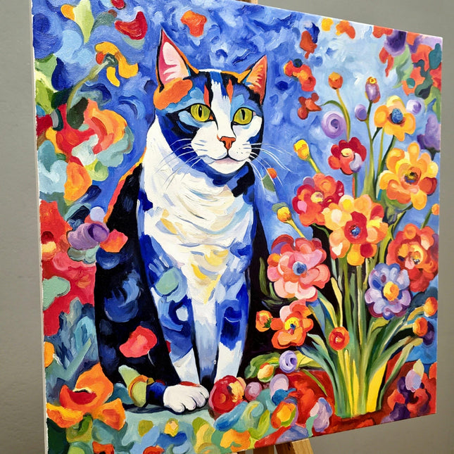 Modern Floral Cat Original Painting, Fantasy Colorful Moody Flowers Feline Cat Expressive Oil Painting, Cat Themed Gifts, Housewarming Gift