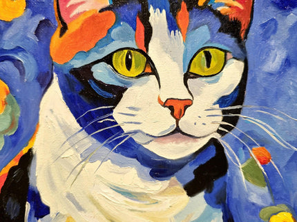 Modern Floral Cat Original Painting, Fantasy Colorful Moody Flowers Feline Cat Expressive Oil Painting, Cat Themed Gifts, Housewarming Gift
