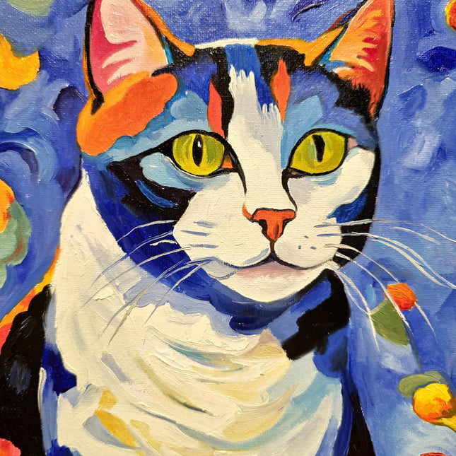 Modern Floral Cat Original Painting, Fantasy Colorful Moody Flowers Feline Cat Expressive Oil Painting, Cat Themed Gifts, Housewarming Gift