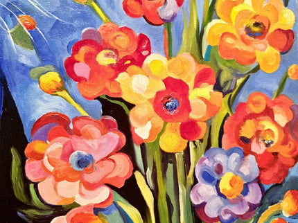 Modern Floral Cat Original Painting, Fantasy Colorful Moody Flowers Feline Cat Expressive Oil Painting, Cat Themed Gifts, Housewarming Gift