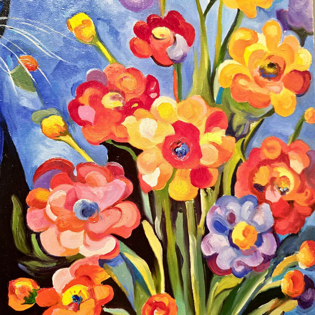 Modern Floral Cat Original Painting, Fantasy Colorful Moody Flowers Feline Cat Expressive Oil Painting, Cat Themed Gifts, Housewarming Gift