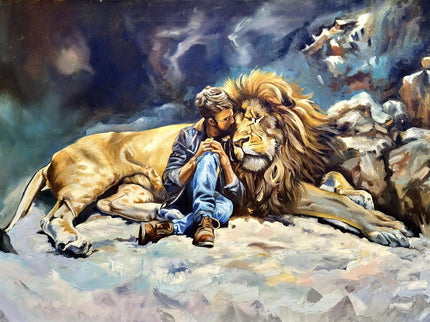 Original Wildlife Oil Painting, Man and Lion Art, Moody Home Decor