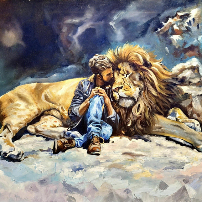 Original Wildlife Oil Painting, Man and Lion Art, Moody Home Decor