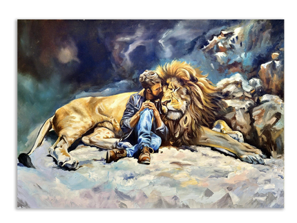 Original Wildlife Oil Painting, Man and Lion Art, Moody Home Decor
