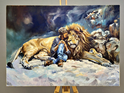 Original Wildlife Oil Painting, Man and Lion Art, Moody Home Decor