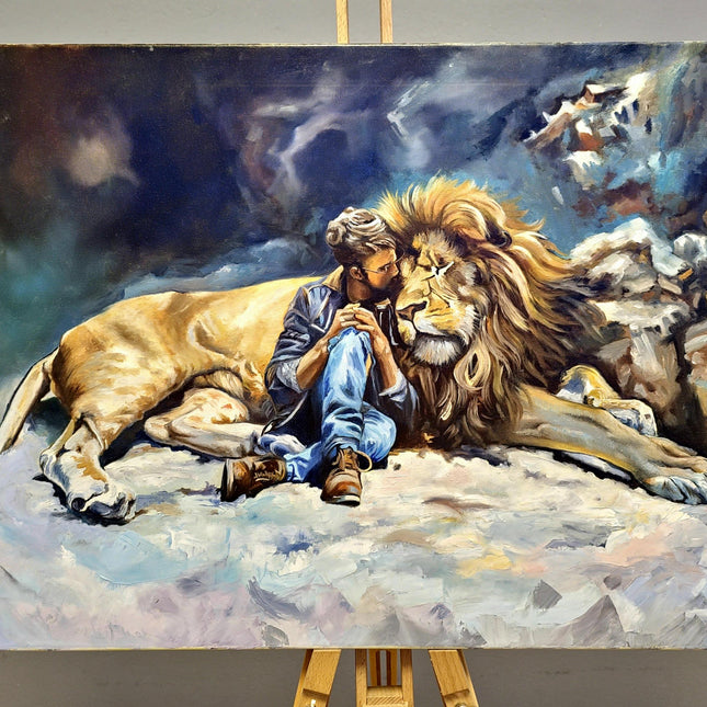 Original Wildlife Oil Painting, Man and Lion Art, Moody Home Decor
