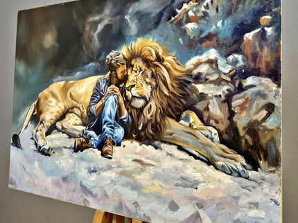 Original Wildlife Oil Painting, Man and Lion Art, Moody Home Decor