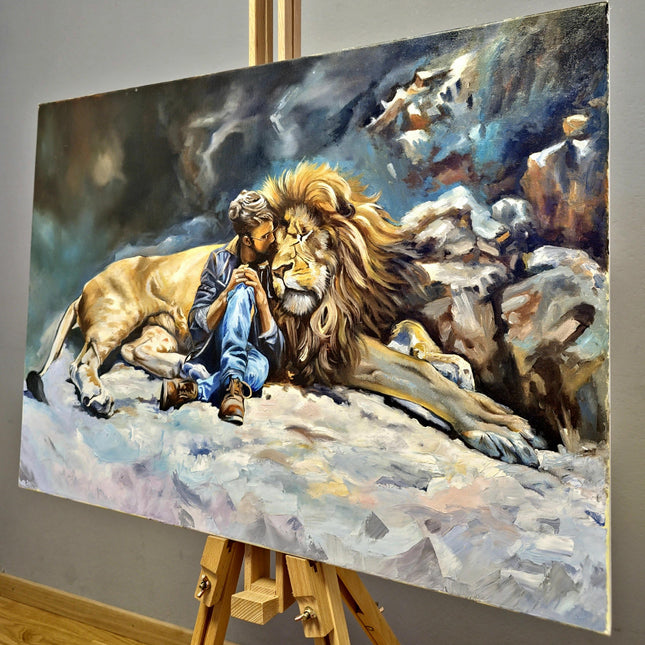 Original Wildlife Oil Painting, Man and Lion Art, Moody Home Decor