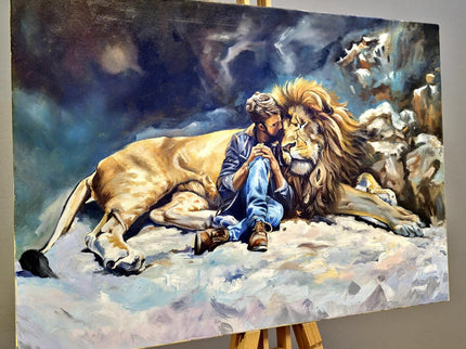 Original Wildlife Oil Painting, Man and Lion Art, Moody Home Decor