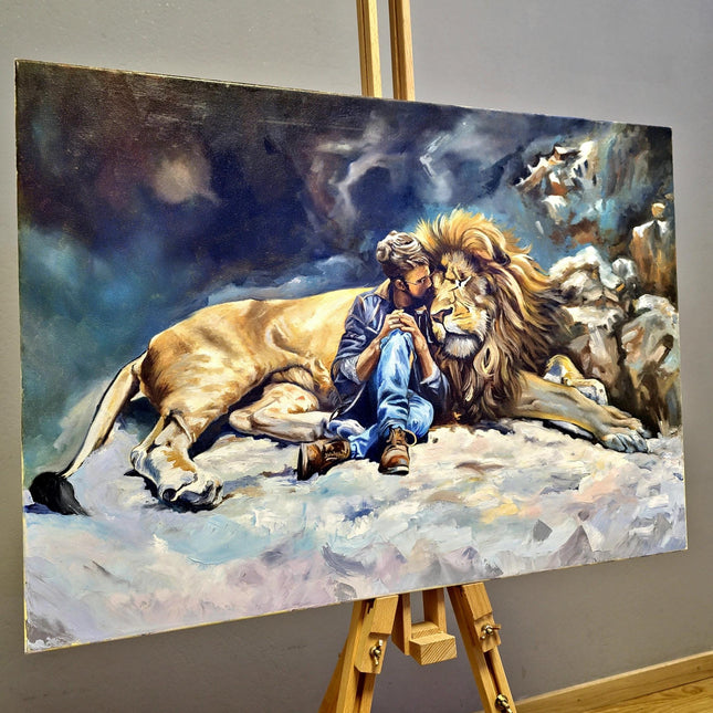 Original Wildlife Oil Painting, Man and Lion Art, Moody Home Decor